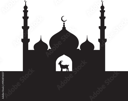 Mosque silhouette with goat animal in arched door
