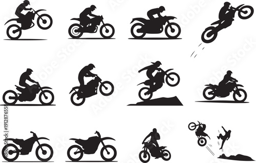 Silhouette illustrations depicting a motorcyclist performing various stunts
