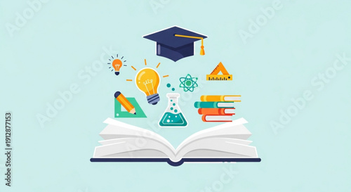 Education icons rising from an open book with graduation cap lightbulb books and science equipment on a light blue background symbolizing learning and knowledge