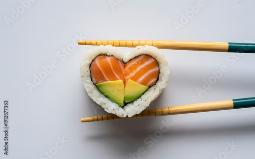Heart shaped sushi roll with salmon and avocado held by chopsticks on white background
