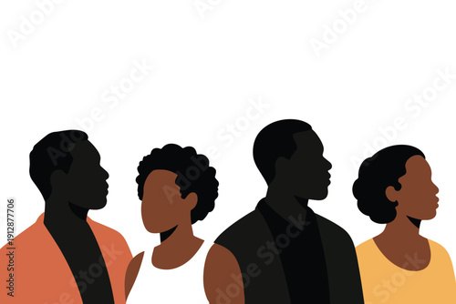 Four diverse profiles facing right in minimalist flat design, bold colors and distinct hairstyles, symbolizing individuality and diversity on white background.