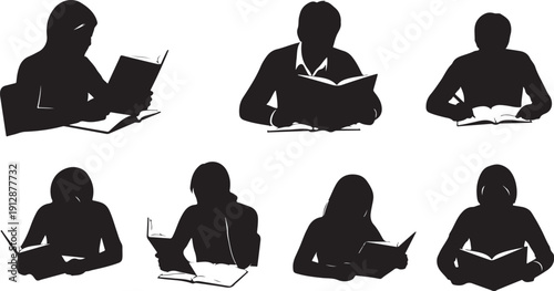 Silhouettes of people reading and studying in various positions