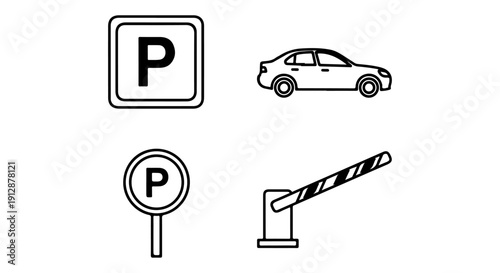Parking Lot Icons Car, Parking Sign, and Barrier Gate Illustrations