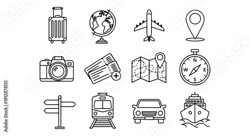 Travel Icons Collection Globe, Airplane, Suitcase, Camera, Map, Compass, Train, Car, Ship, Location Pin and Signpost