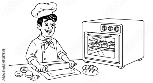 Line art of a baker rolling out dough next to an oven with baked goods inside