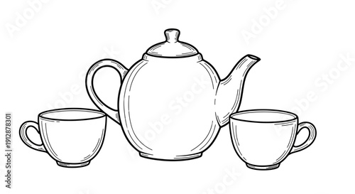 Elegant Teapot and Cups Outline Vector Illustration for Tea Time Concepts or Designs