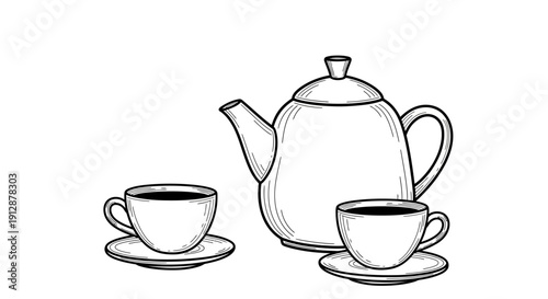 Elegant vintage tea set drawing with teapot and cups isolated on white background suitable for tea
