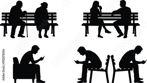 Collection of people sitting silhouettes on bench and chair using smartphones, talking and waiting, black human figure set isolated on white background communication concept