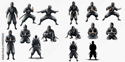 Set of ninjas in various poses, including standing, crouching, and with swords, on a transparent background.