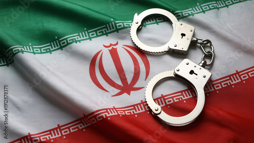 Handcuffs on Iranian flag symbolizing justice and law enforcement