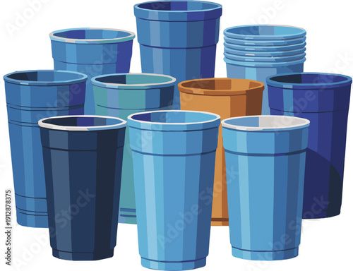 Isolated a kinds of deferent Blue disposable cup - plastic cup isolated on white. 3d rendering vector art with white background.