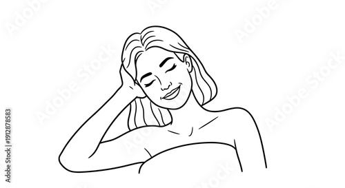 Illustration of a peaceful young woman with eyes closed smiling softly resting arm near head