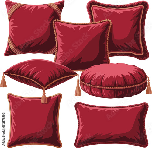 Isolated a kinds of deferent Royal red velvet pillow vector art with white background.