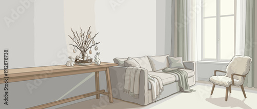 Panoramic vector illustration of a calm Scandinavian living room interior with a minimalist Easter centerpiece on a wooden table, featuring a cozy sofa, furry armchair, and soft spring decor.