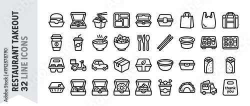 Restaurant Takeout and Food Delivery Line Icon Set: 32 Bold Vector Symbols of Packaging, Containers, Pizza, Burger, Sushi, Coffee, Cutlery, Scooter, and Car for Catering and Online Ordering.