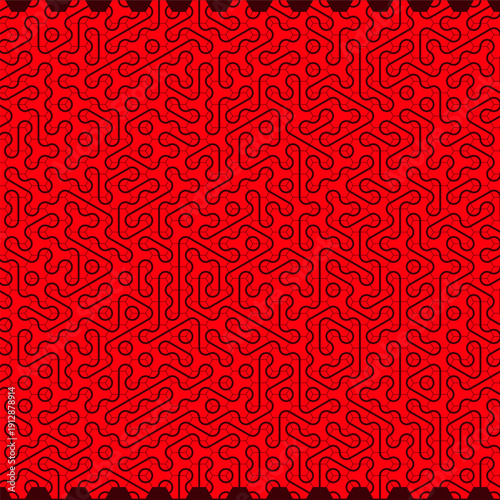 A complex geometric pattern with intertwining lines and circular elements forming an endless grid. Fine colored lines on a dark background.