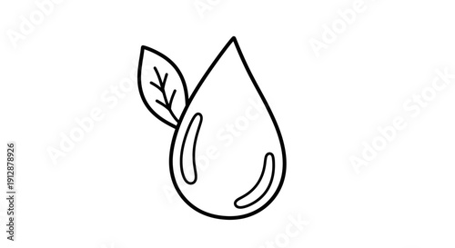 Minimalist depiction of a water drop adorned with a botanical leaf showcasing purity