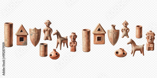 Ancient clay pottery and figurines collection, historical artifacts representing early human civilization and culture.