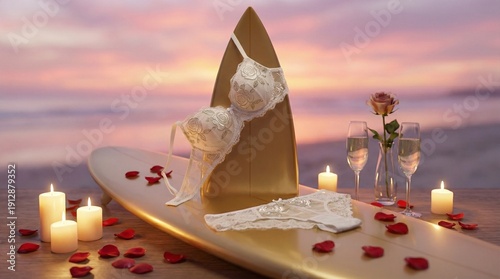  Gold Surfboard with Bikini Outfit Concept — Luxury Summer Fashion Minimal Studio Background with Copy Space