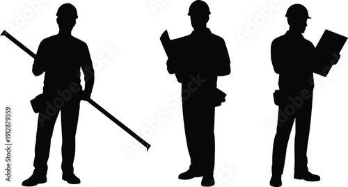 Construction engineer silhouettes with plans, builders reviewing project, industrial profession, isolated black figures