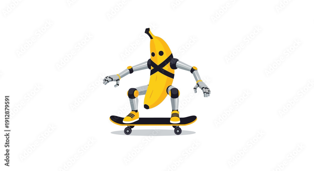 Fototapeta premium Banana Robot Skater on White Background.
