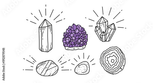 Hand-drawn illustration of different types of crystals and stones on a white background