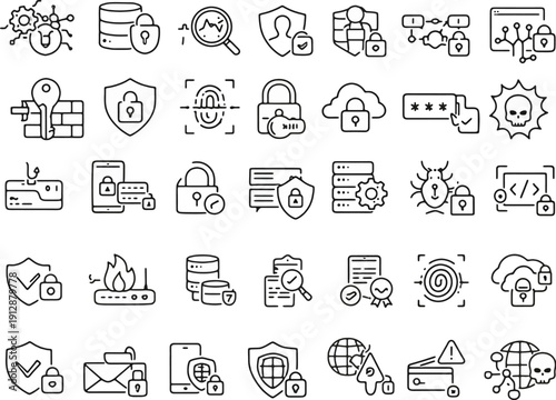 Cybersecurity Icon Collection Grid, Data Protection and Network Security Vector Set