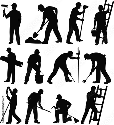 Construction worker silhouettes set, builders using tools ladder, industrial labor profession, isolated black figures