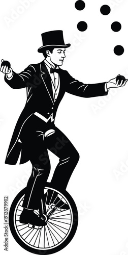 Vintage circus juggler riding unicycle while juggling balls silhouette isolated on white background, classic entertainment, balance skill, retro performance illustration, artistic theatrical show