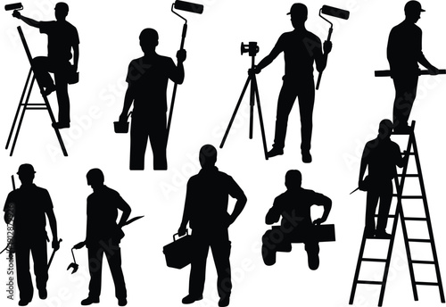 Construction worker silhouettes set, painters and builders on ladders, industrial labor profession, isolated black figures