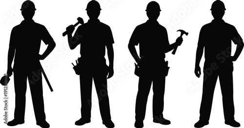Construction worker silhouettes, builders with hammer and tools, industrial labor profession, isolated black figures