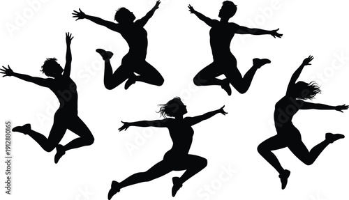 Jumping people silhouette set, energetic dancers leap poses vector illustration, dynamic human action figures isolated black fitness movement collection