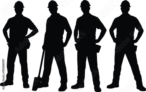 Construction worker silhouettes, builders standing with tools, industrial labor profession, isolated black figures