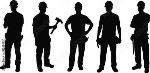 Construction worker silhouettes, builders with tools and helmet, industrial labor profession, isolated black figures