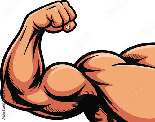 Powerful flexing muscular arm cartoon vector illustration, bodybuilding fitness concept, strong athlete bicep symbol isolated sports logo graphic design