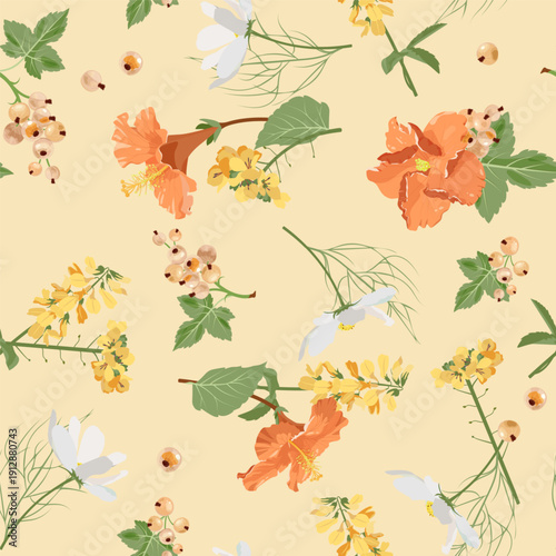 Seamless vector illustration featuring wild flowers and white currants against a beige backdrop.