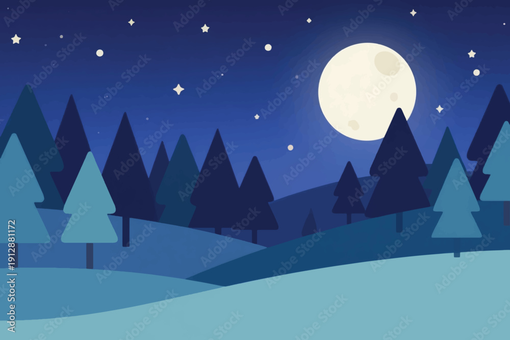 Fototapeta premium Night forest with full moon, stars, layered pine trees, and gradient blue sky, tranquil scenic nature illustration in stylized geometric design.