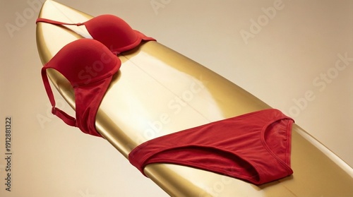 Luxury Gold Surfboard with Bikini Set Concept — Minimal Studio Fashion Summer 