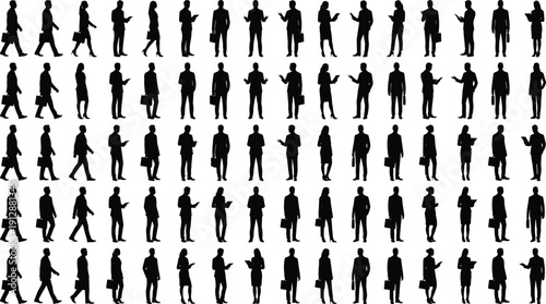 Business people silhouette collection, corporate men and women standing walking with briefcase isolated vector set for professional design use