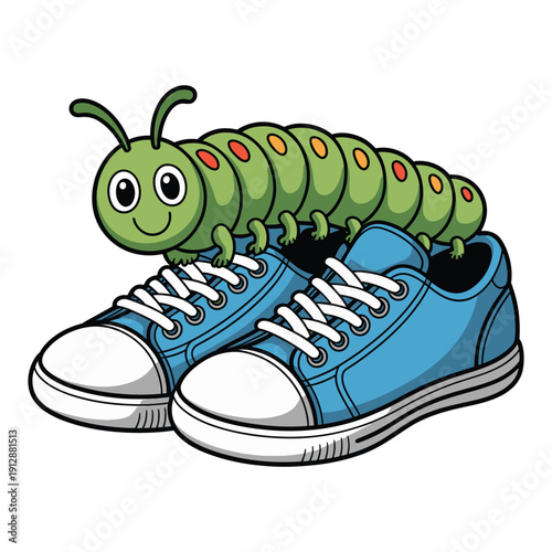 Cute green cartoon caterpillar sitting on blue canvas sneakers vector illustration