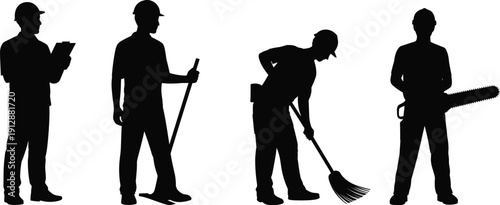 Maintenance worker silhouettes, janitor and landscaper with tools, industrial service profession, isolated black figures