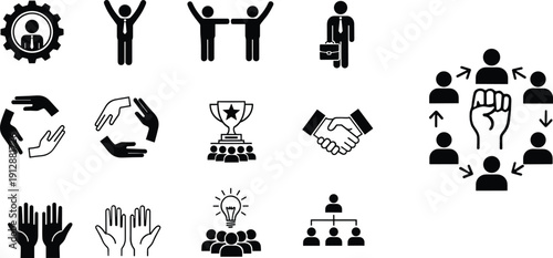 Business teamwork and leadership icon set with collaboration, success, partnership, motivation, and human resource management symbols