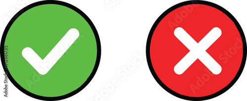 Check and cross approval icon set with green tick and red close symbols for confirmation and decision interfaces