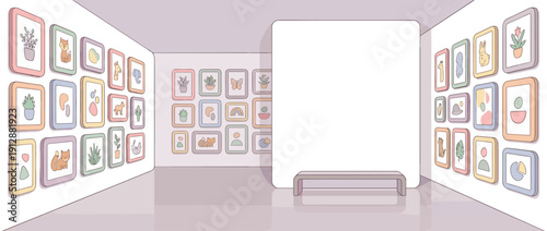 Panoramic Vector Illustration of a Modern Art Gallery Interior with Pastel Framed Pictures of Animals and Plants, Minimalist Exhibition Hall with Copy Space and Bench for Museum Background