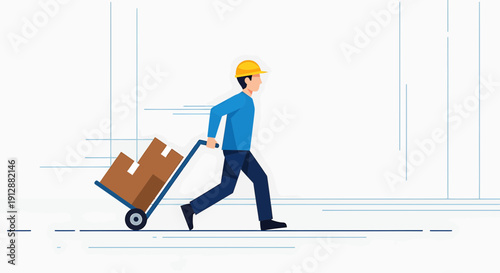 Delivery Man Running with Cart Full of Boxes, Fast Shipping, Logistics Service Concept