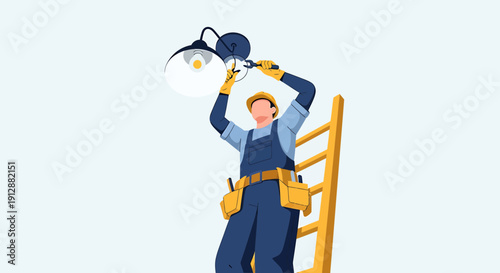 Electrician on ladder installing ceiling light fixture, professional WORK, JOBDESK