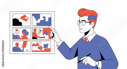 Man points at storyboard ideas, creative process, business planning, graphic design