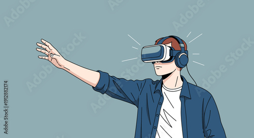 Man Wearing VR Headset Reaching Out in Virtual Reality Experience