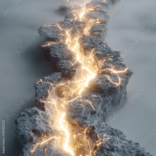 Deep crack in rugged terrain emitting brilliant orange electricity, illustrating powerful energy flowing through a fractured landscape, representing an unseen world of force and impact