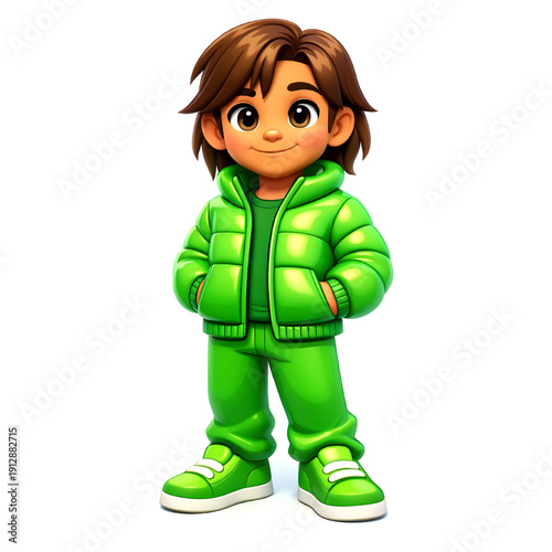 Man With Brown Hair And Wearing Bright Green Puffer Jacket And Green Pants